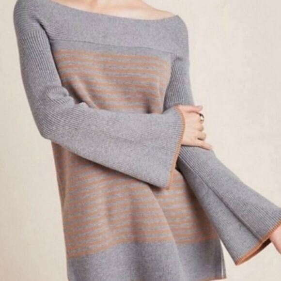 ANTHROPOLOGIE Elise Ribbed Striped Off The Shoulder Sweater High-Low Hem - XS - Picture 1 of 8